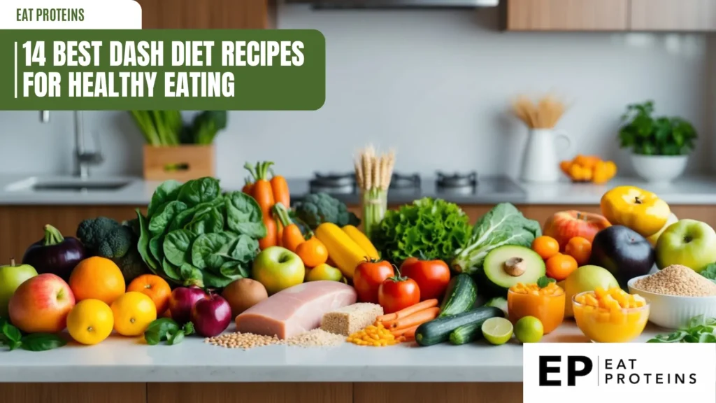 A colorful array of fresh fruits, vegetables, lean proteins, and whole grains arranged on a kitchen counter