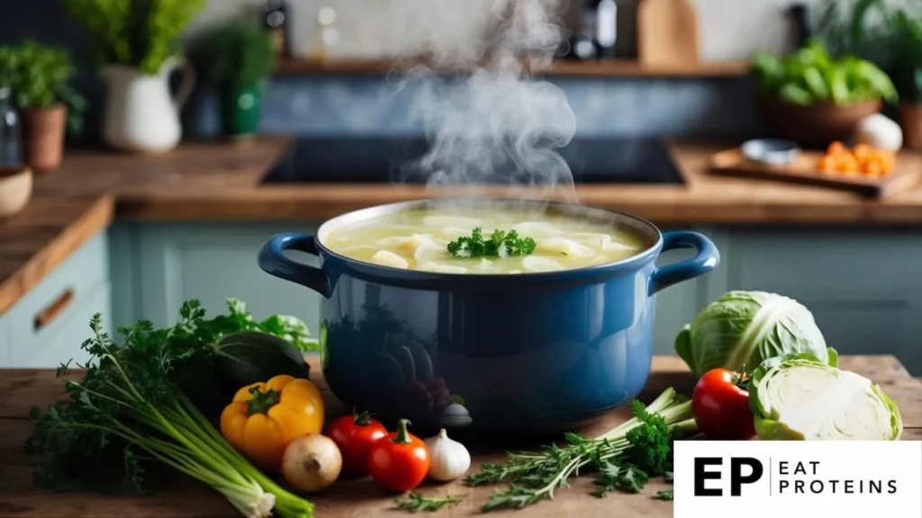 A steaming pot of cabbage soup surrounded by fresh vegetables and herbs on a rustic kitchen counter