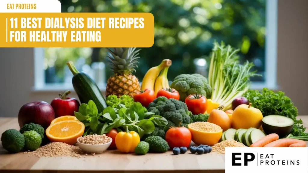 A table with a variety of fresh fruits, vegetables, lean proteins, and whole grains arranged for a dialysis diet recipe book cover