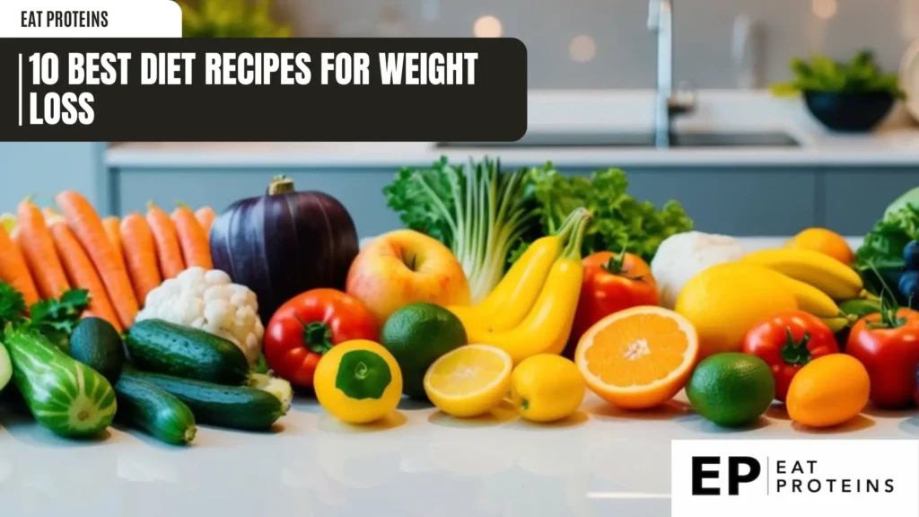 A colorful array of fresh fruits, vegetables, and lean proteins arranged on a clean, modern kitchen counter