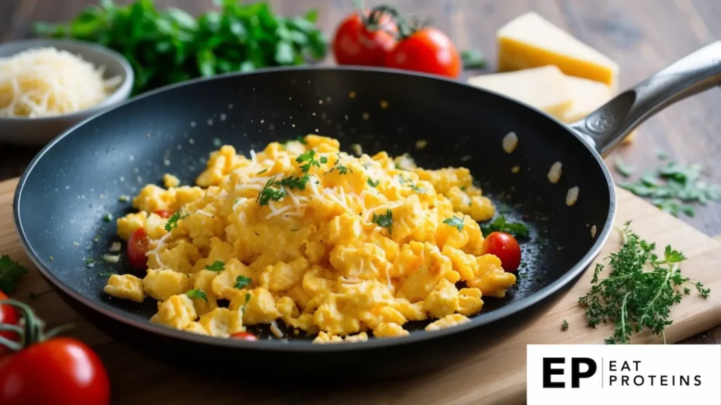 A frying pan sizzling with scrambled eggs, surrounded by ingredients like cheese, tomatoes, and herbs