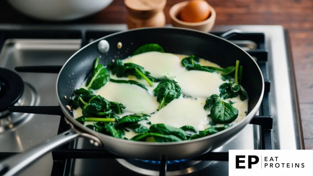 A skillet with egg whites and spinach cooking on a stovetop