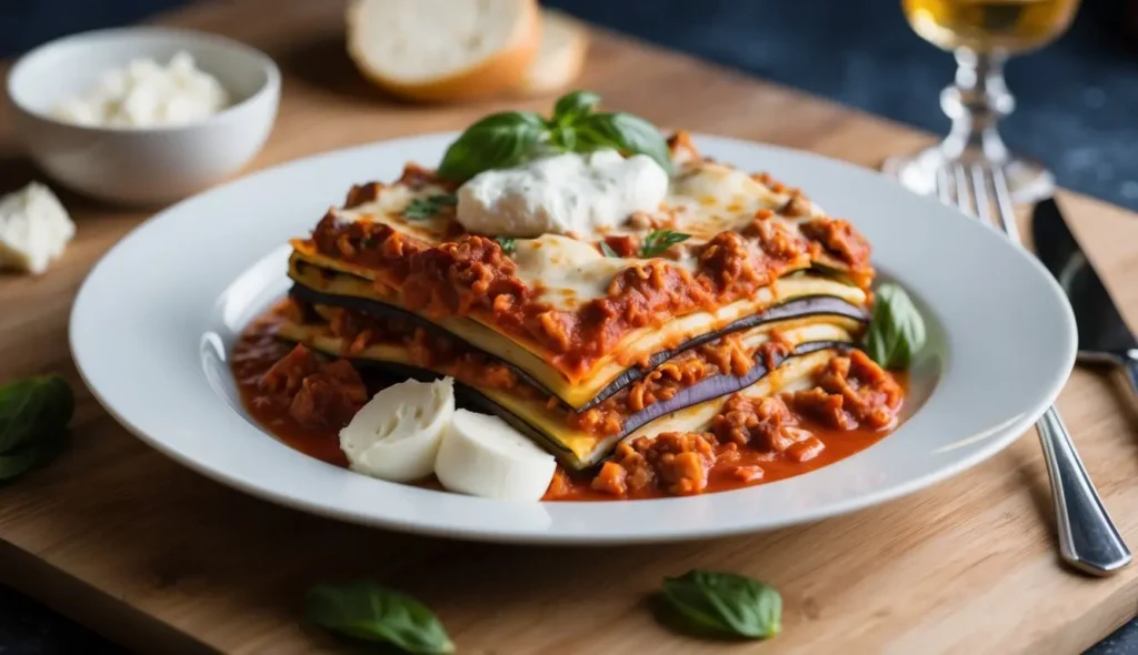 The dish features alternating layers of thinly sliced eggplant, meat sauce, cheese, and tomato sauce, topped with a dollop of ricotta cheese and garnished with fresh basil leaves. The sauce appears rich and hearty, suggesting a flavorful, satisfying meal. The soft, creamy mozzarella pieces on the side add a touch of elegance, making this dish both appetizing and visually appealing.