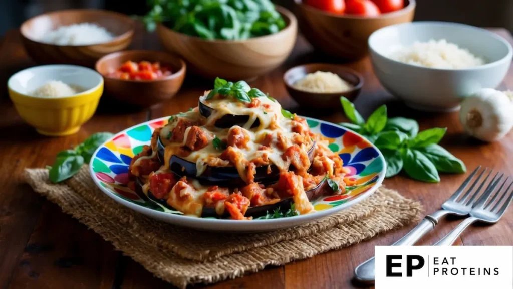 A colorful plate of eggplant parmesan surrounded by fresh ingredients on a wooden table