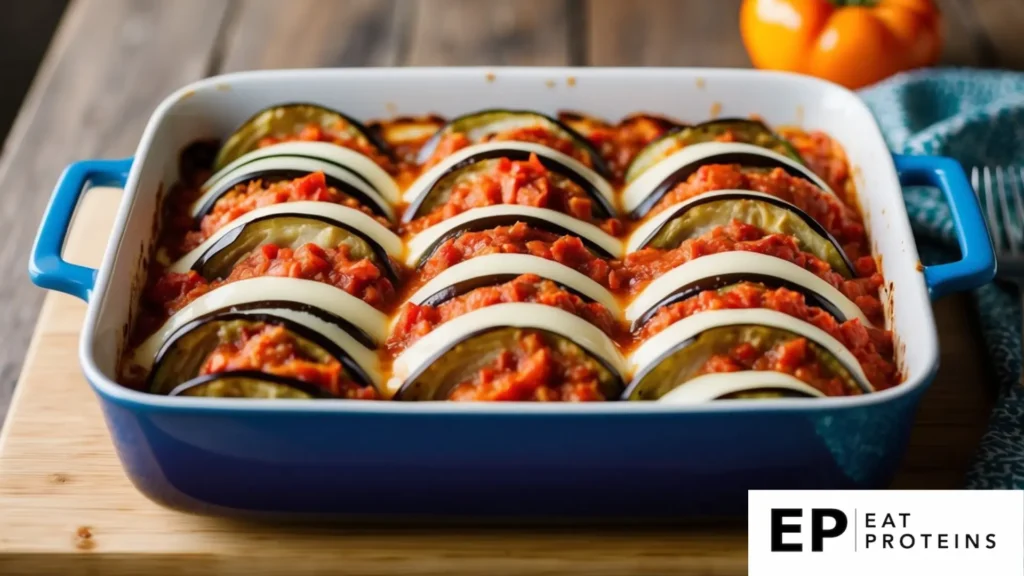 A colorful array of eggplant, tomato sauce, and cheese layered in a baking dish, ready to be placed in the oven