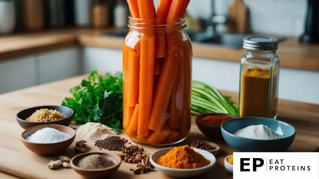 A jar of fermented carrot sticks surrounded by various ingredients and spices on a kitchen counter