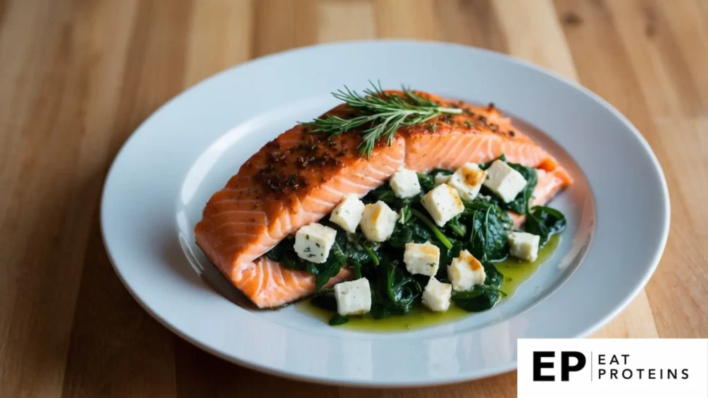 A salmon fillet is being stuffed with feta and spinach, surrounded by colorful Mediterranean ingredients like olives, tomatoes, and fresh herbs