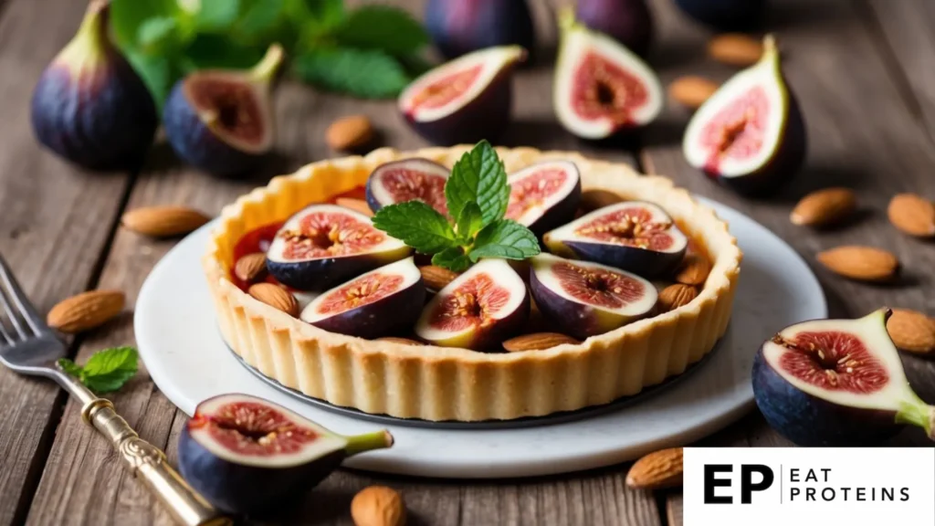 A rustic fig and almond tart surrounded by fresh figs, almonds, and a sprig of mint on a wooden table