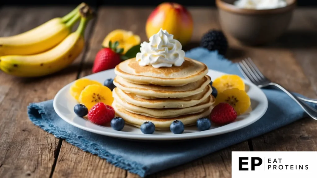 A plate of fluffy banana pancakes surrounded by fresh fruit and a dollop of whipped cream on a rustic wooden table