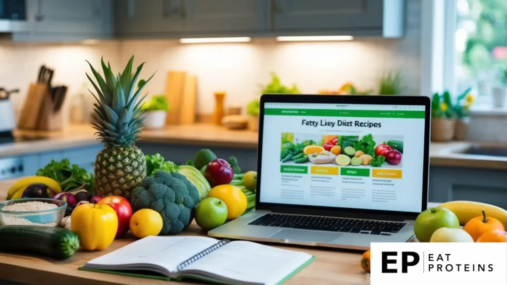 A kitchen counter with various fresh fruits, vegetables, and whole grains, along with recipe books and a laptop open to a webpage on fatty liver diet recipes