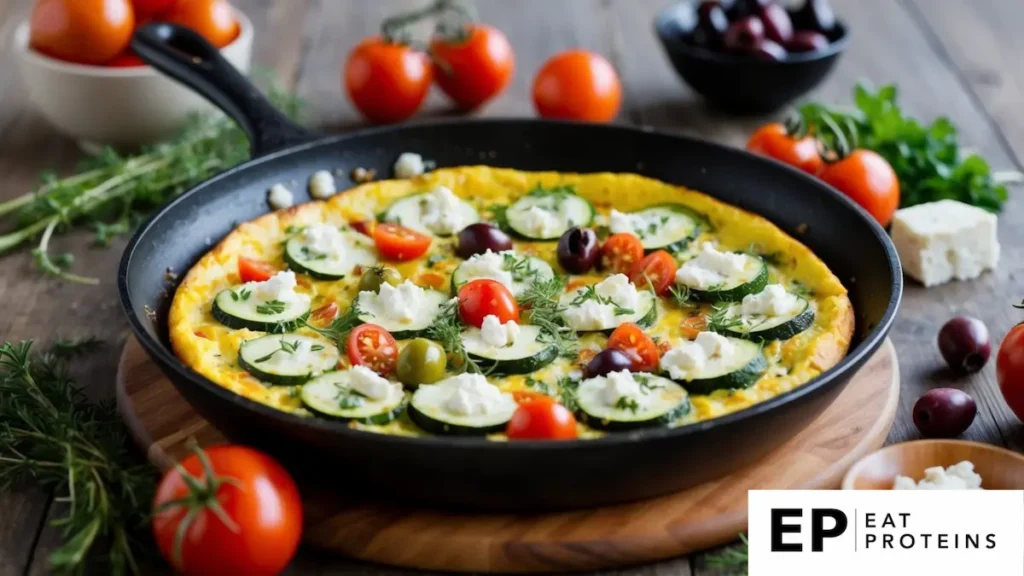 A colorful frittata sizzling in a skillet, filled with zucchini and goat cheese, surrounded by fresh Mediterranean ingredients like tomatoes, olives, and herbs