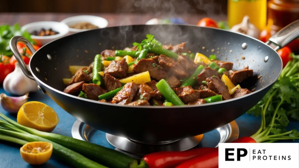 A sizzling wok filled with garlic beef stir-fry, surrounded by colorful vegetables and aromatic spices