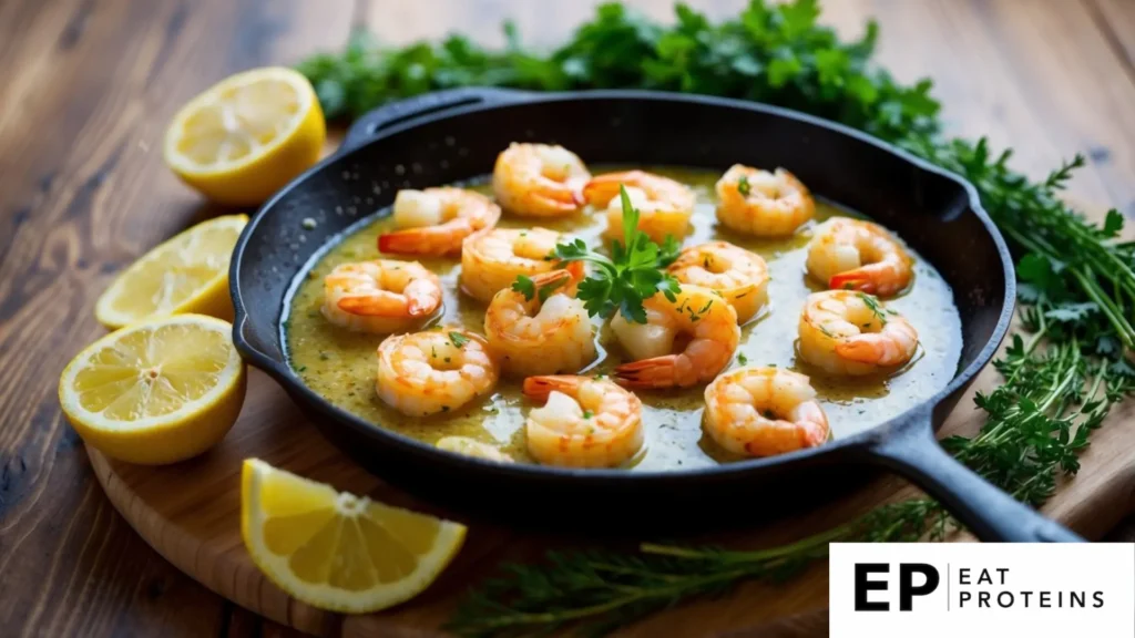 A sizzling skillet of garlic butter shrimp surrounded by fresh herbs and lemon slices on a wooden table