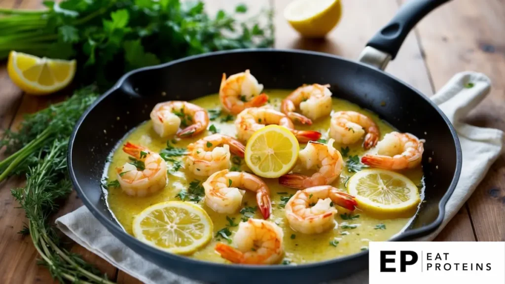 A sizzling skillet of garlic butter shrimp surrounded by fresh herbs and lemon slices on a wooden table