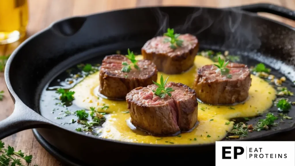 Sizzling steak bites in a pool of garlic butter, surrounded by herbs and spices on a sizzling hot skillet