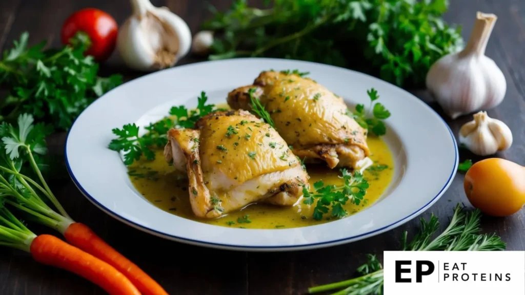 A plate of garlic herb chicken thighs surrounded by fresh herbs and vegetables