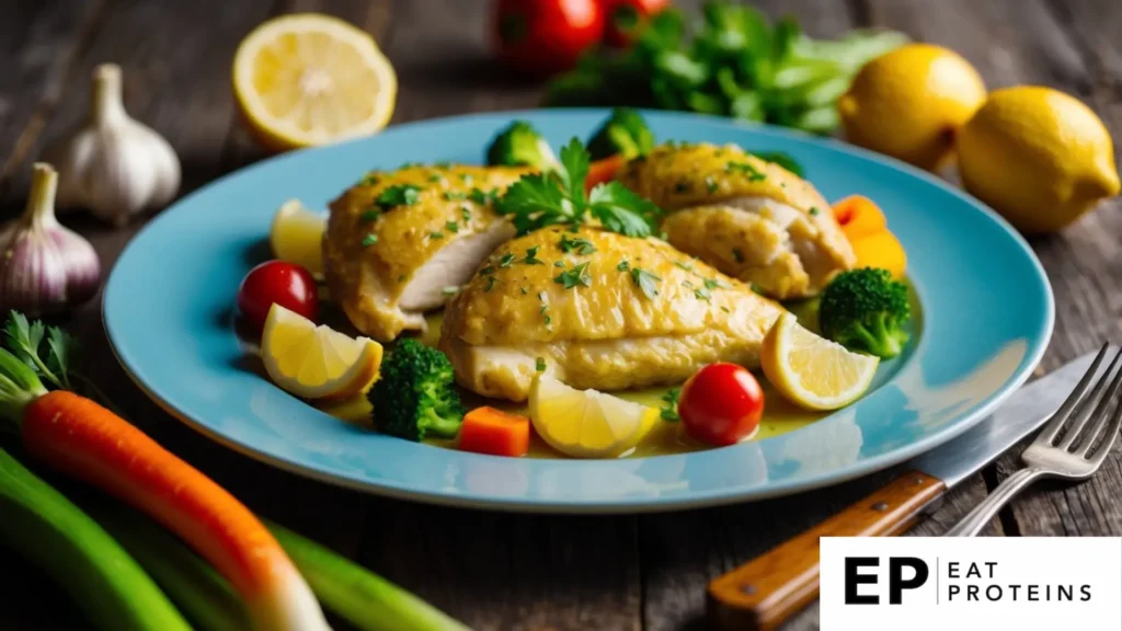 A plate of garlic lemon chicken surrounded by colorful vegetables on a rustic wooden table