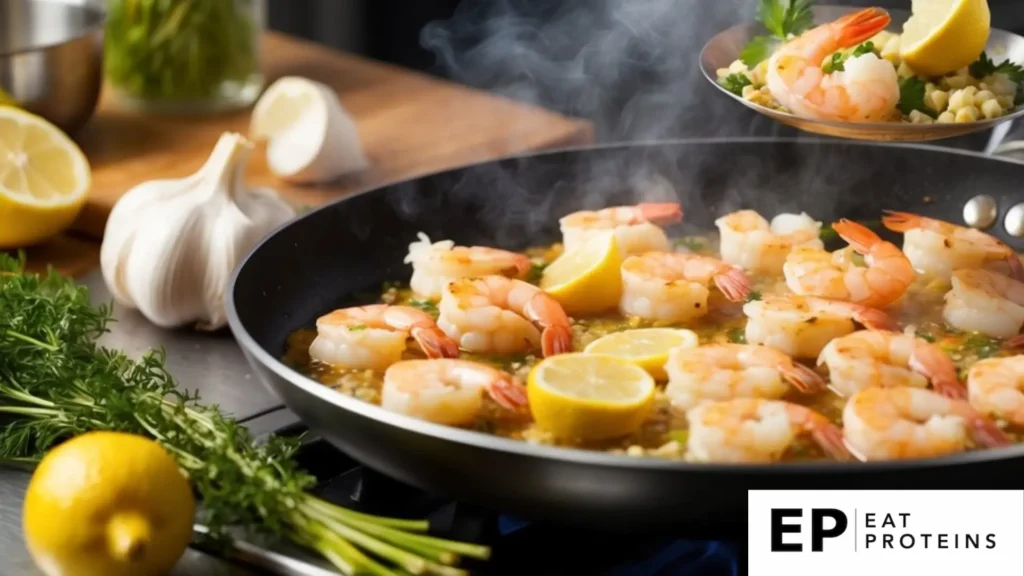 A pan of sizzling garlic lemon shrimp surrounded by vibrant Mediterranean ingredients like lemon, garlic, and fresh herbs