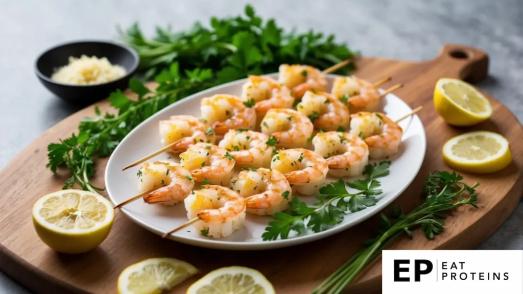 A plate of garlic lemon shrimp skewers surrounded by fresh herbs and lemon slices on a wooden serving board