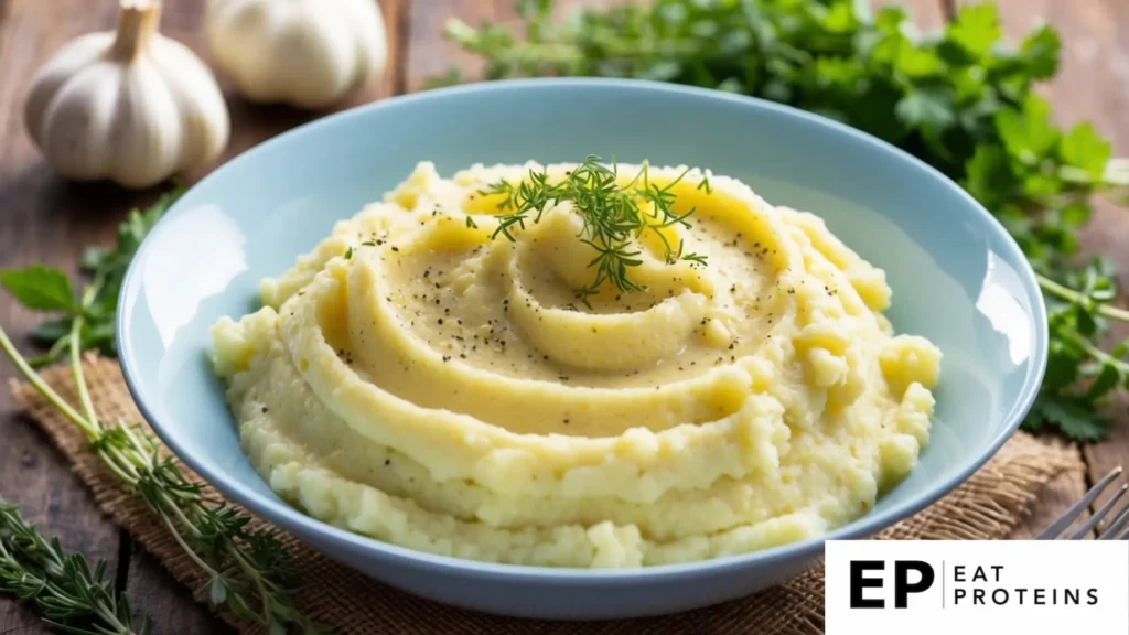 A bowl of creamy garlic mashed cauliflower surrounded by fresh herbs and a sprinkle of black pepper on a rustic wooden table