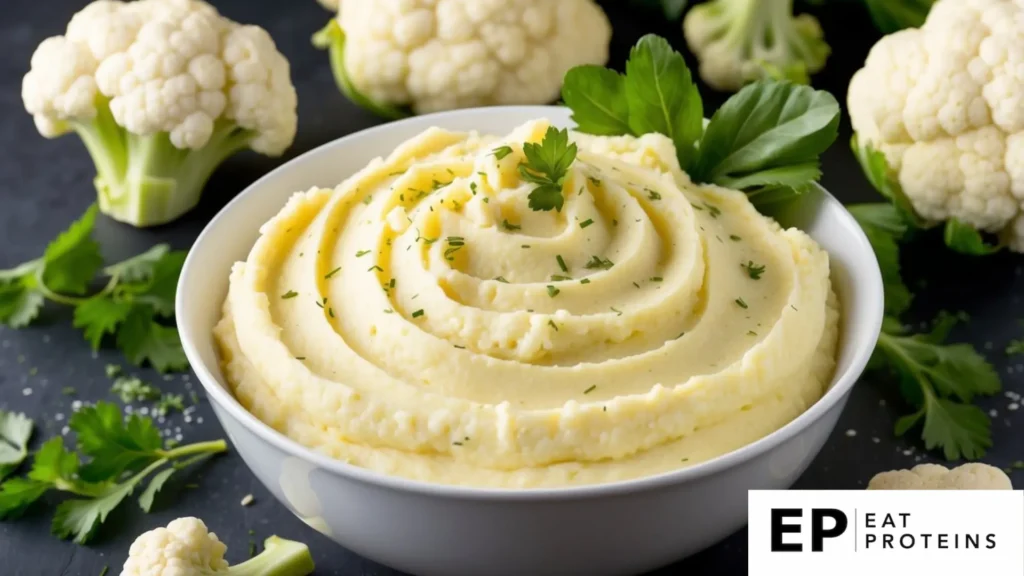 A bowl of creamy garlic mashed cauliflower surrounded by fresh cauliflower florets and a sprinkling of herbs