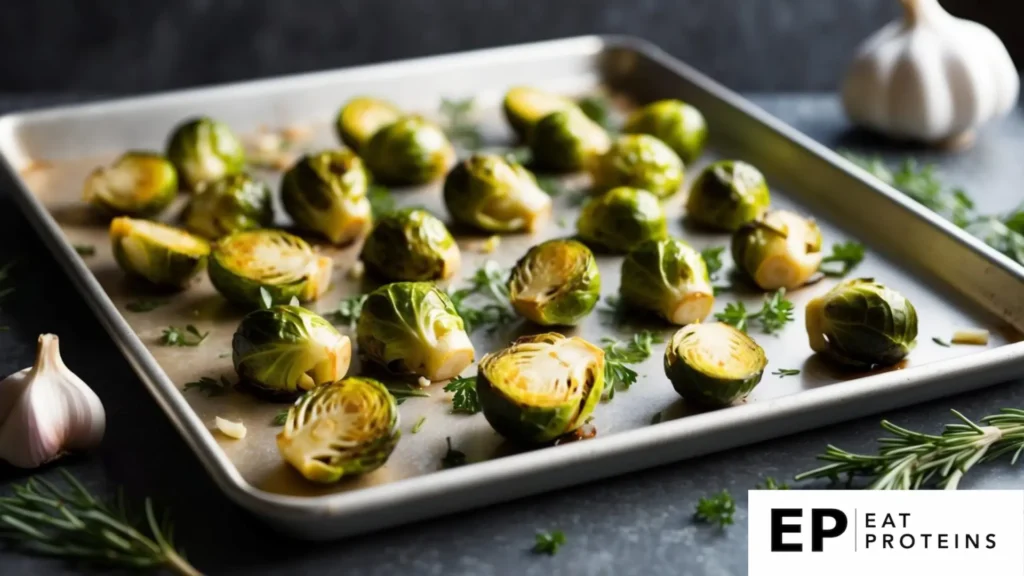 A baking sheet with roasted brussel sprouts surrounded by garlic cloves and herbs