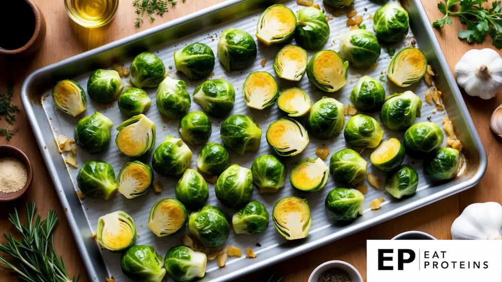 A baking sheet filled with golden-brown Brussels sprouts, coated in garlic and olive oil, surrounded by fresh herbs and spices