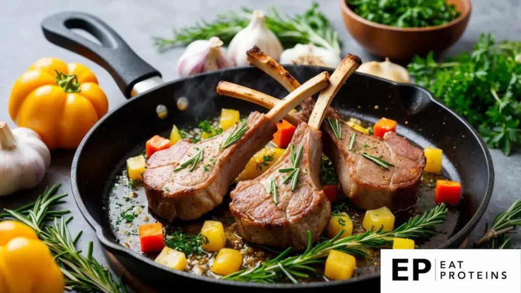 A sizzling skillet of garlic-rosemary lamb chops surrounded by fresh herbs and colorful vegetables