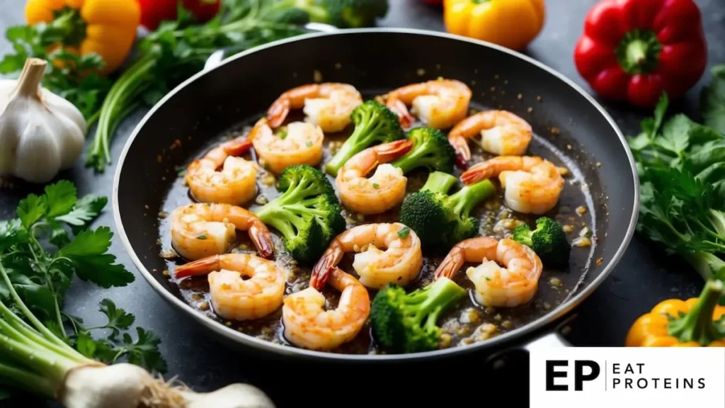 A sizzling skillet of garlic shrimp and broccoli surrounded by colorful vegetables and herbs