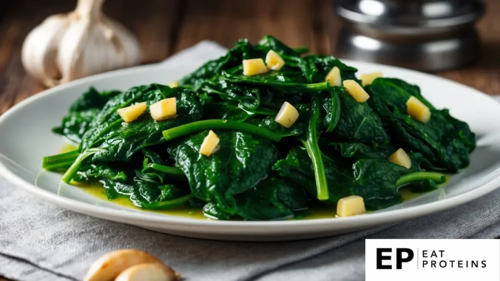 A sizzling pan of garlic spinach stir-fry on the white plate