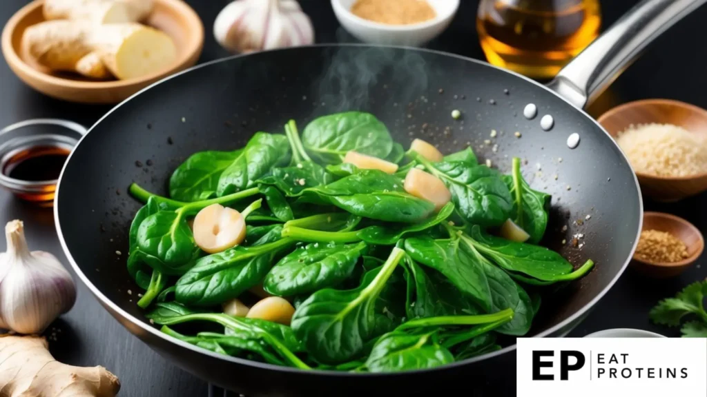 A sizzling wok filled with vibrant green spinach and aromatic garlic, surrounded by fresh ingredients like ginger, soy sauce, and sesame oil