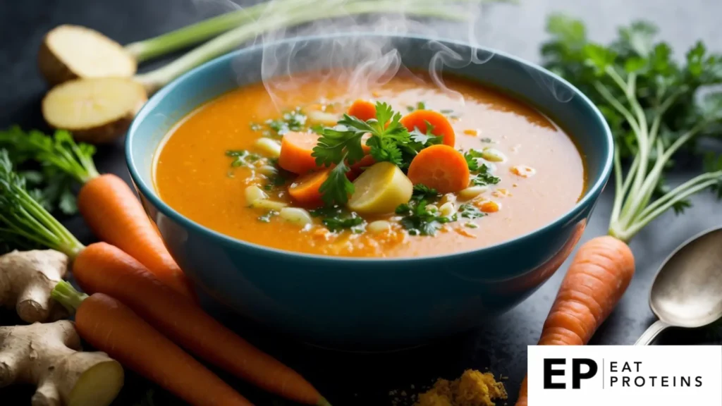 A steaming bowl of ginger carrot soup surrounded by fresh ingredients like carrots, ginger, and herbs