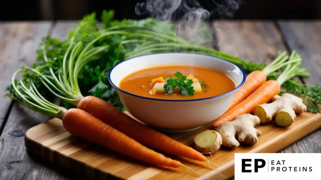 A steaming bowl of ginger carrot soup surrounded by fresh carrots, ginger root, and other ingredients on a wooden cutting board