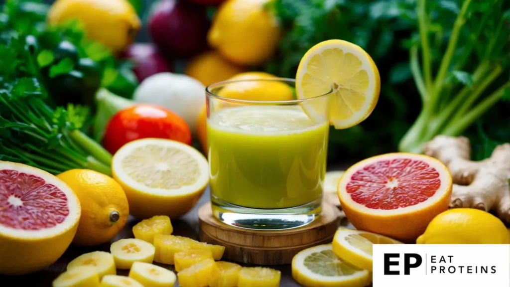 A glass of freshly squeezed ginger lemon juice surrounded by vibrant fruits and vegetables