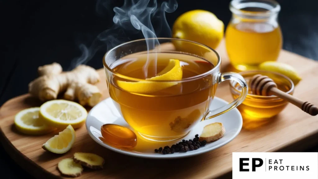 A steaming cup of ginger tea surrounded by ingredients like ginger root, lemon, and honey on a wooden cutting board