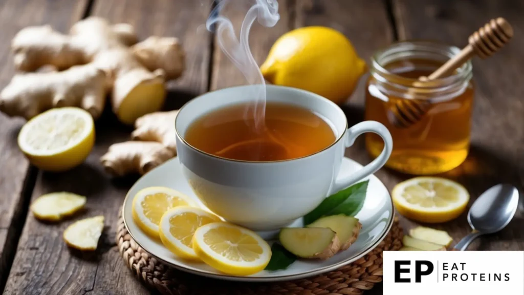 A steaming cup of ginger tea surrounded by fresh ginger, lemon slices, and a jar of honey on a rustic wooden table