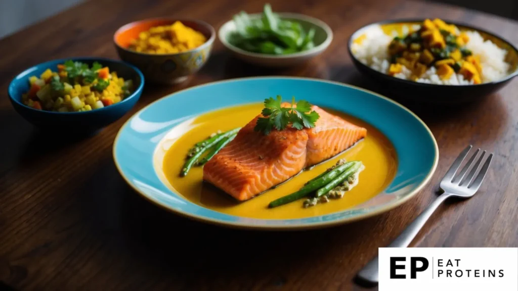 A vibrant plate of ginger-turmeric salmon with colorful AIP-friendly side dishes on a wooden table