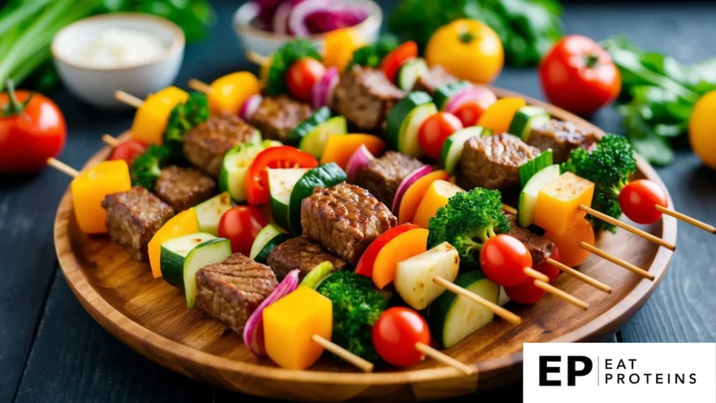 A colorful array of beef and vegetable skewers arranged on a wooden platter, with fresh ingredients and vibrant colors