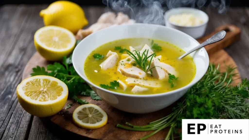 A steaming bowl of Greek Avgolemono soup surrounded by fresh ingredients like lemon, chicken, and herbs on a rustic wooden table