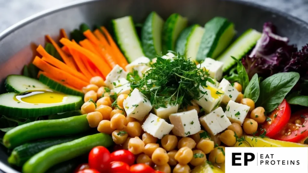 A colorful array of fresh vegetables, chickpeas, and feta cheese arranged in a large salad bowl, with a drizzle of olive oil and a sprinkle of herbs