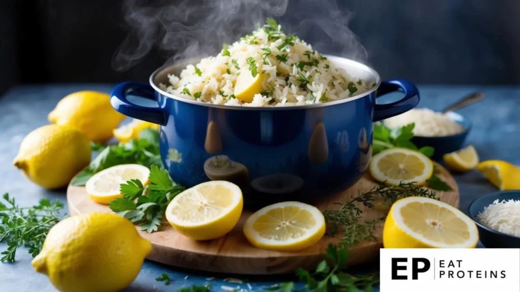 A steaming pot of Greek lemon rice pilaf surrounded by fresh ingredients like lemons, rice, and herbs, creating a vibrant and inviting scene