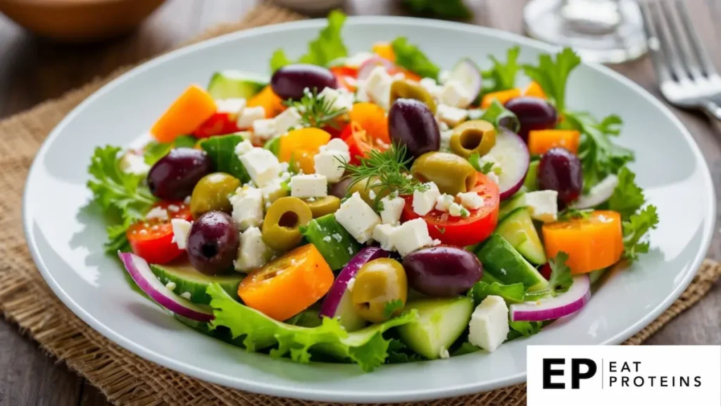 A vibrant Greek salad with fresh vegetables, olives, and crumbled feta cheese arranged on a white plate