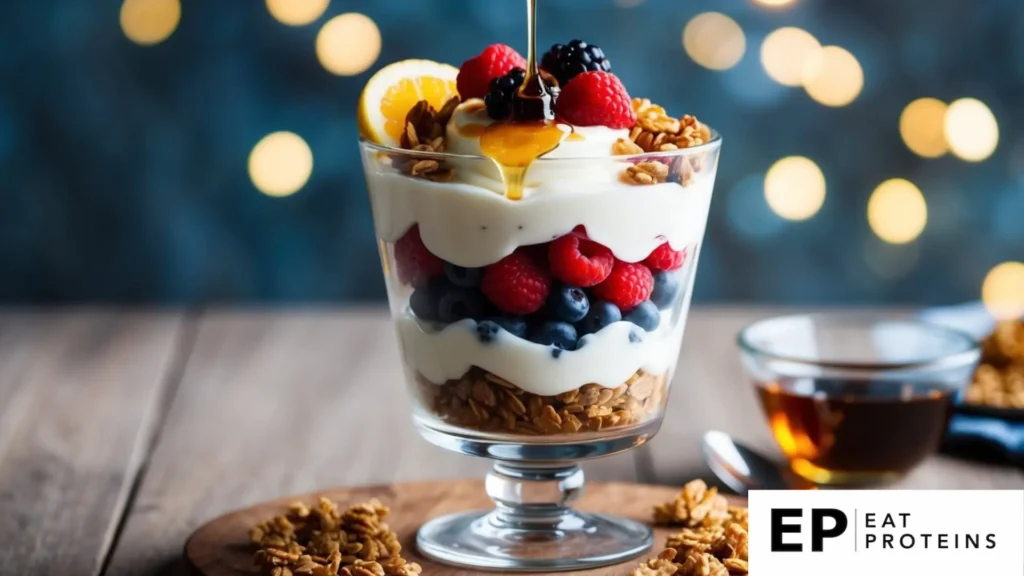 A glass parfait dish filled with layers of creamy Greek yogurt, vibrant mixed berries, and crunchy granola, topped with a drizzle of honey