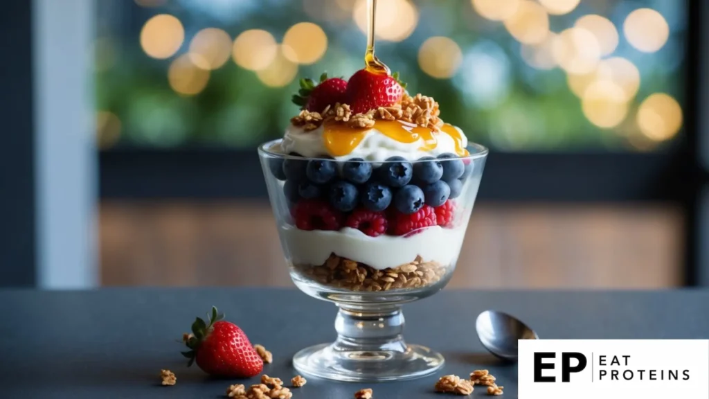 A glass parfait dish filled with layers of Greek yogurt and fresh berries, topped with a sprinkle of granola and a drizzle of honey