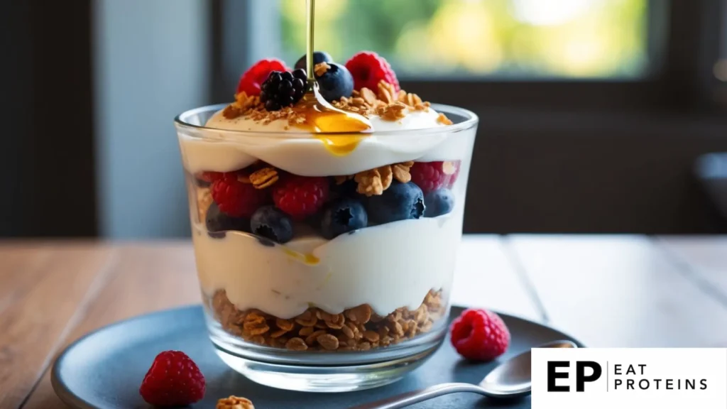 A glass parfait dish filled with layers of Greek yogurt and mixed berries, topped with a sprinkle of granola and a drizzle of honey