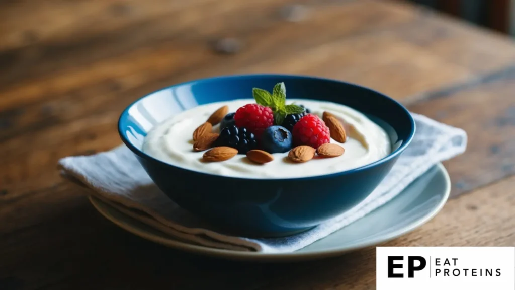 A bowl of Greek yogurt topped with fresh berries and almonds on a wooden table