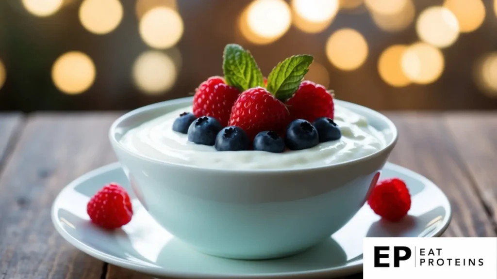 A bowl of Greek yogurt topped with fresh berries on a wooden table