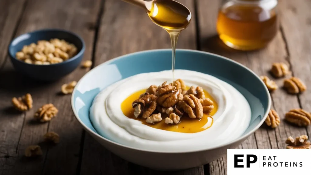 A bowl of Greek yogurt topped with drizzled honey and scattered walnuts on a rustic wooden table