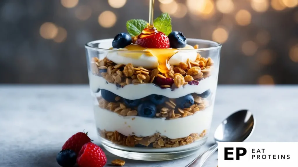 A glass parfait dish filled with layers of Greek yogurt, granola, and fresh berries, topped with a drizzle of honey