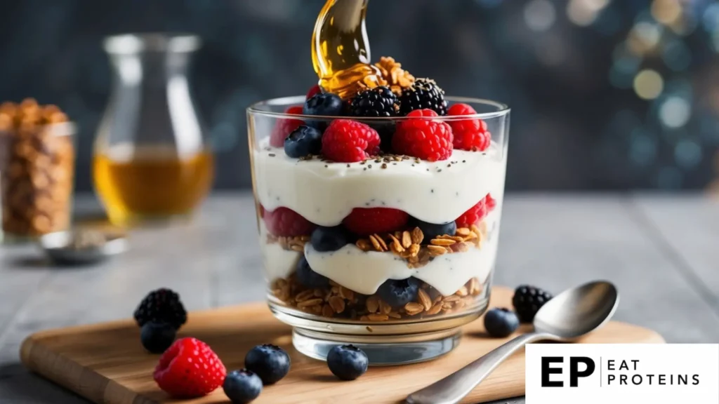 A glass parfait dish filled with layers of Greek yogurt, granola, and fresh berries, topped with a drizzle of honey and a sprinkle of chia seeds